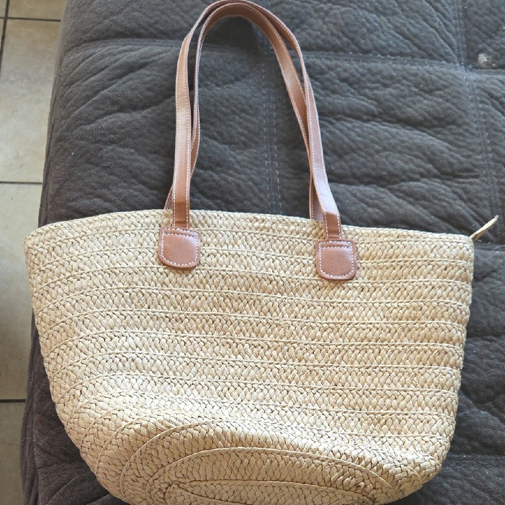 Straw Beach Bag, Shoulder Tote Bag with Zipper